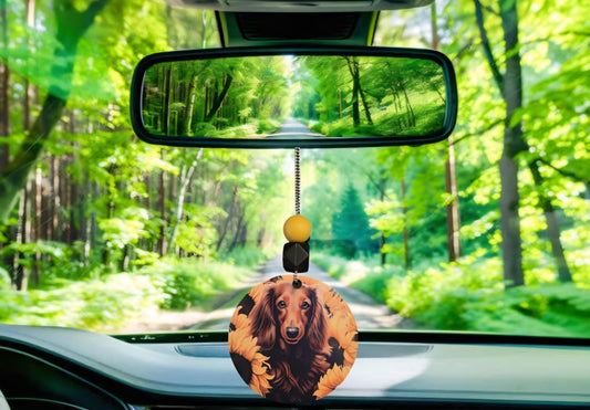 Brown Dachshund and Sunflowers