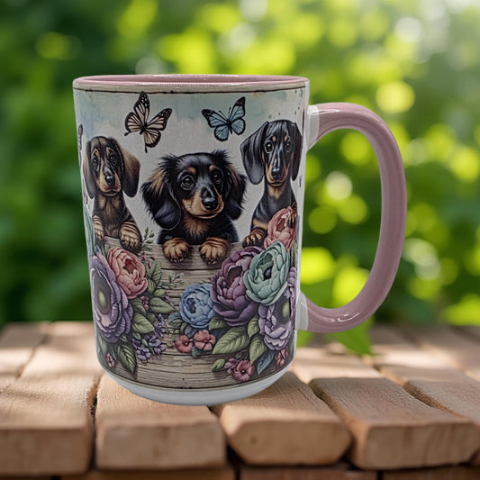 3 Cute dachshunds in the garden