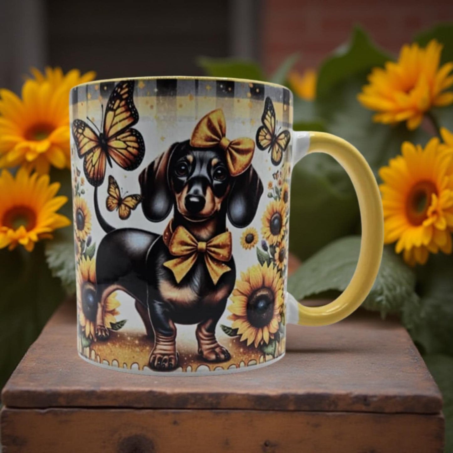 Dachshund with Yellow and Black gingham with sunflower and butterflies