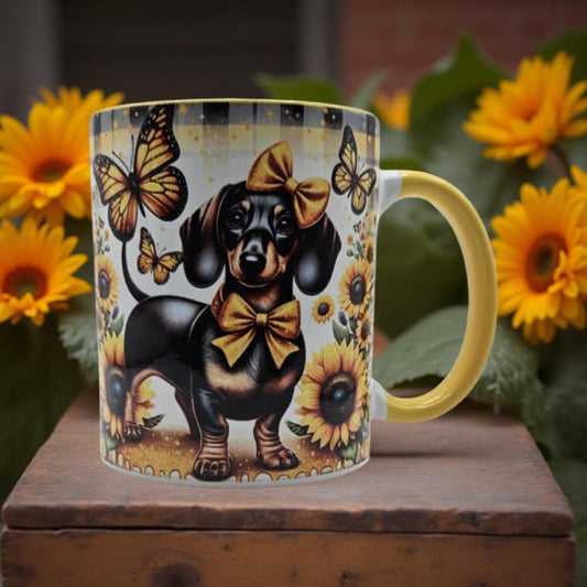 Dachshund with Yellow and Black gingham with sunflower and butterflies