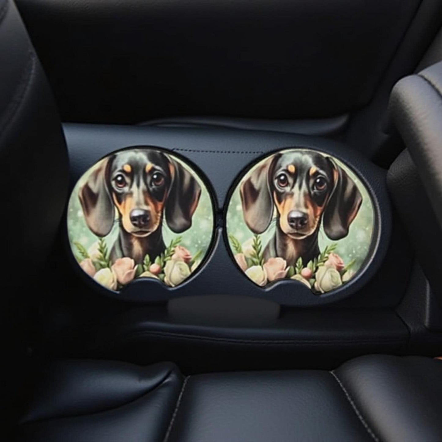 Cute Dachshund with pink and white roses