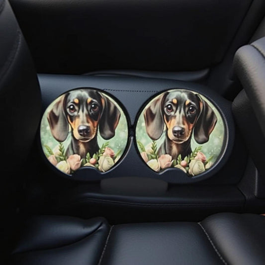 Cute Dachshund with pink and white roses