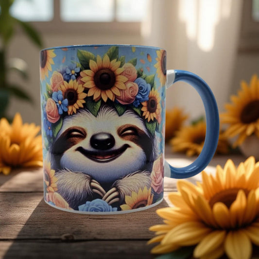 Cute smiling sloth with flowers
