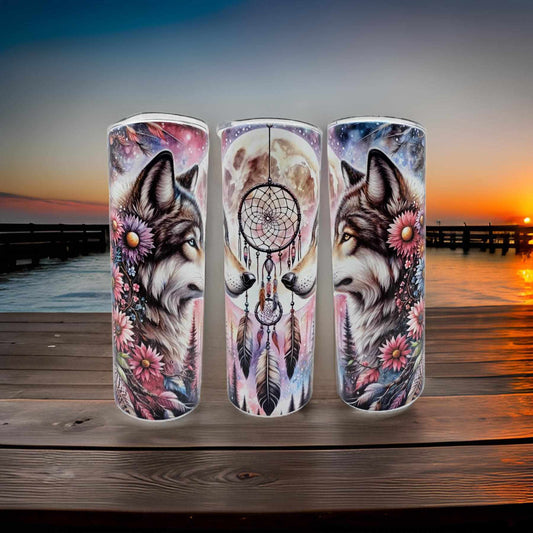 Floral, wolves, full moon and a dream catcher