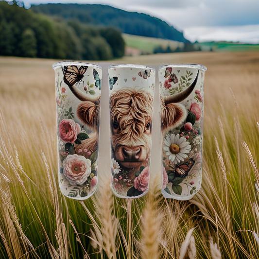 Floral highland Cow and Butterflies