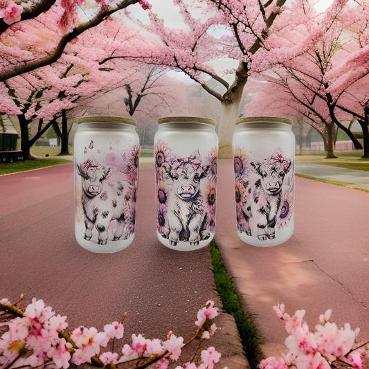 Cute baby cows and Pink flowers