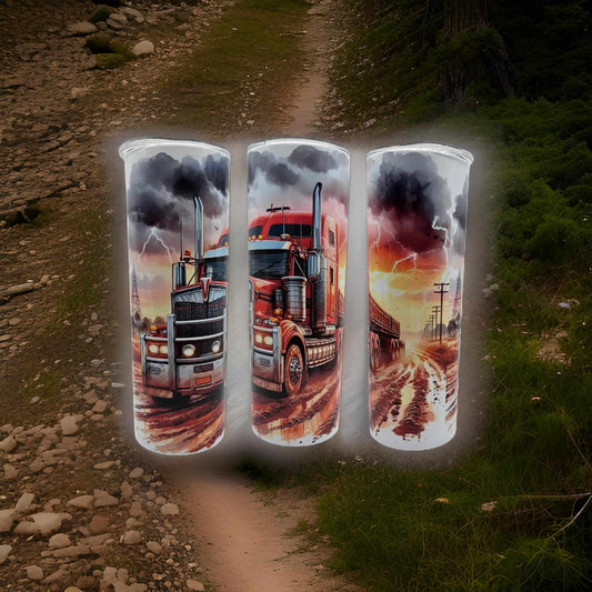 Red truck on dirt road