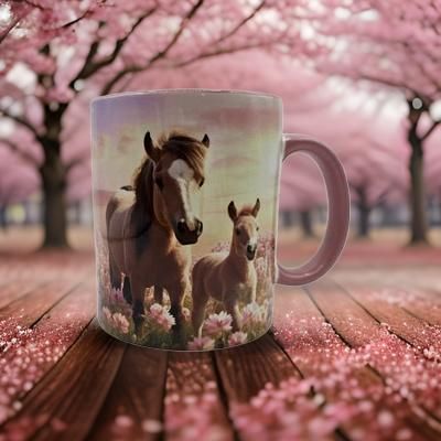 Mum and baby horse in a Pink Daisy Field