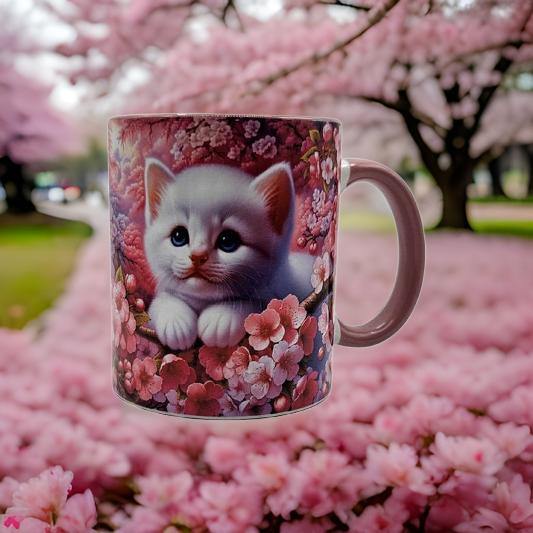 Cute White kitten with pink flowers