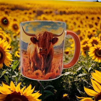 Highland Cow in yellow sunflower field