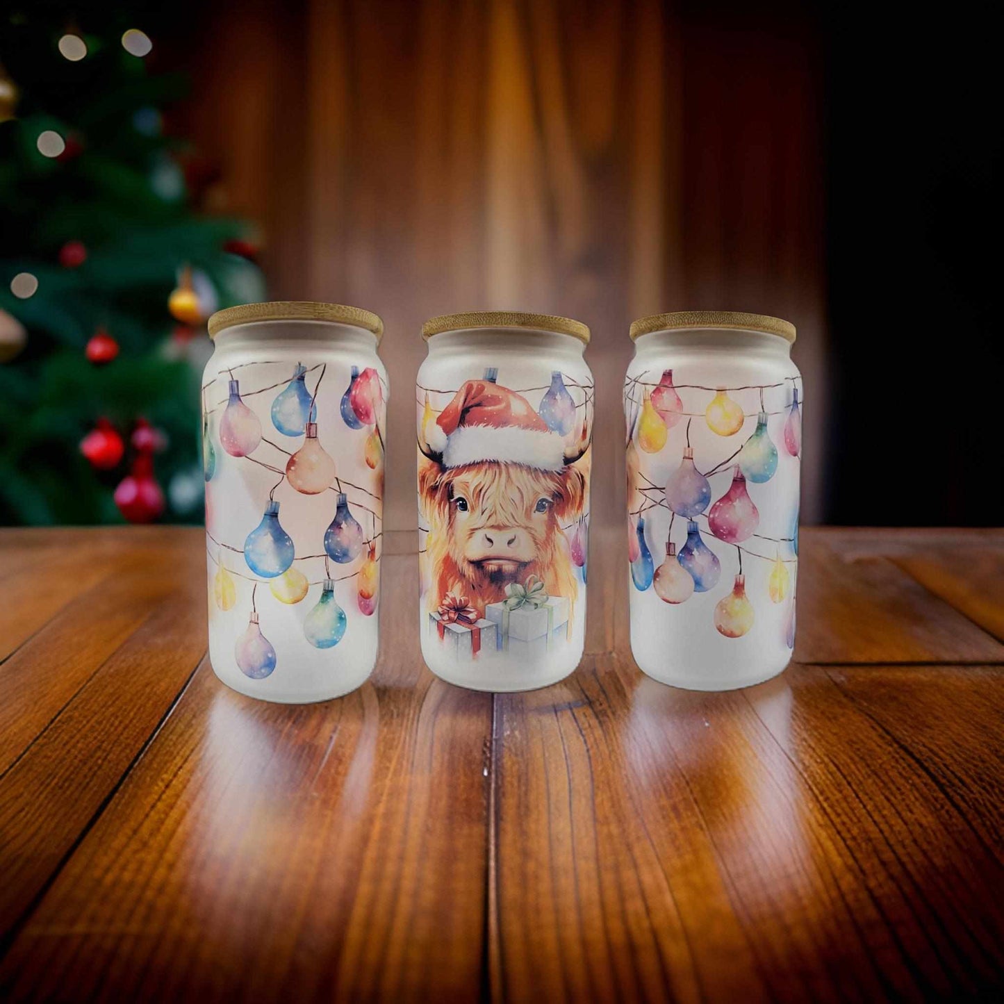 Highland cow and Christmas lights