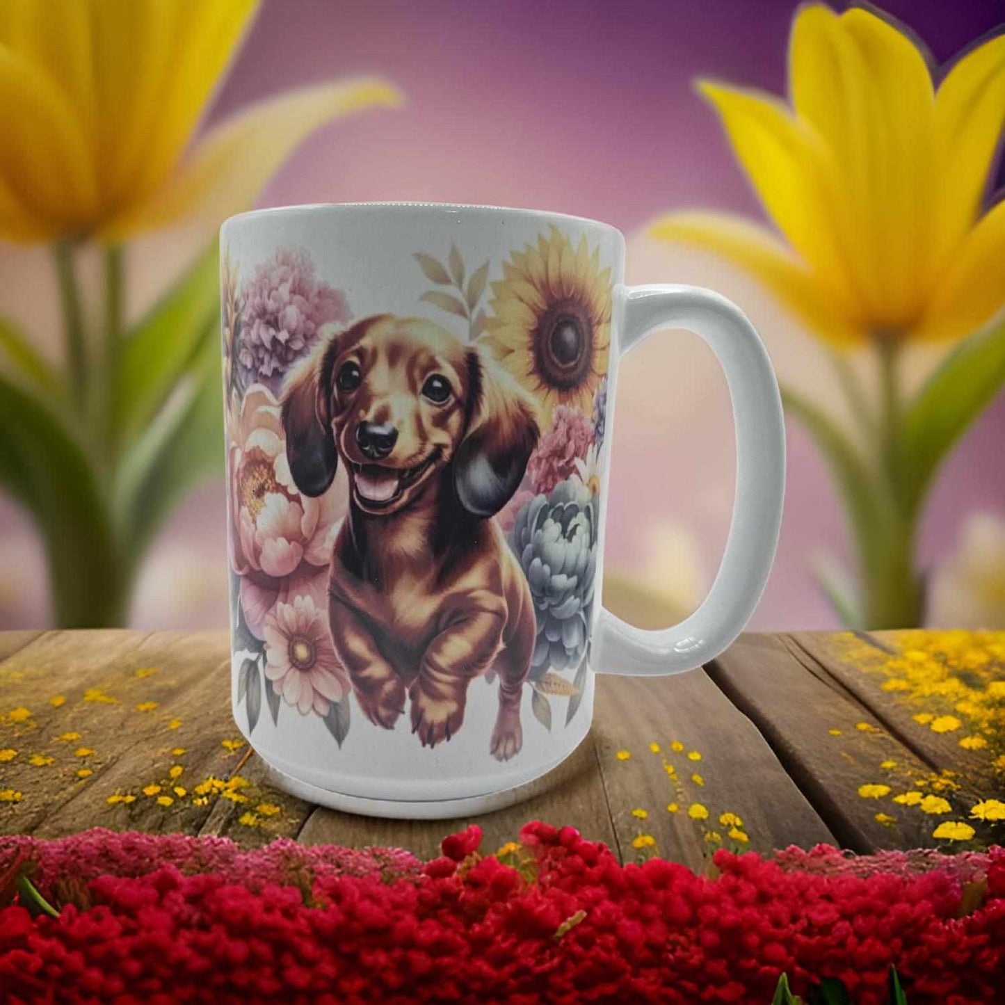 Brown Dachshund with flowers