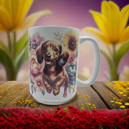 Brown Dachshund with flowers