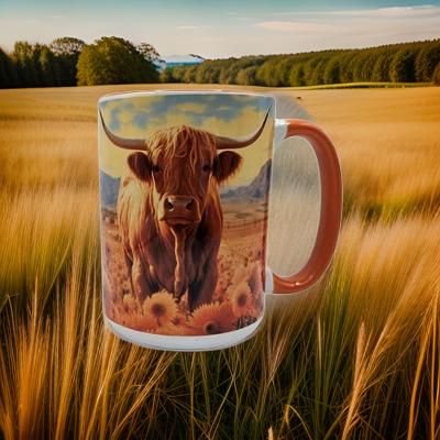 Highland Cow in sunflower field with blue sky
