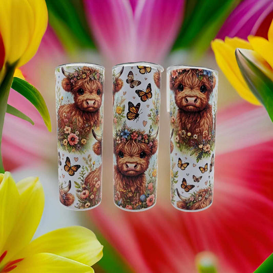 Cute Highland Cows with flowers and butterflies