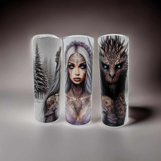 Beautiful tattooed snow queen and her dragon