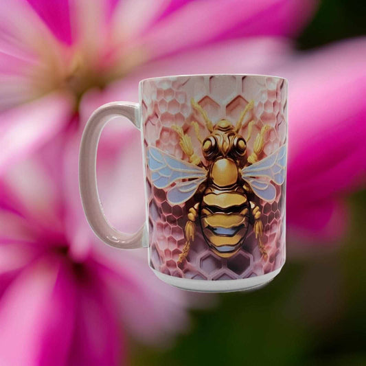 Pink honeycomb and bee