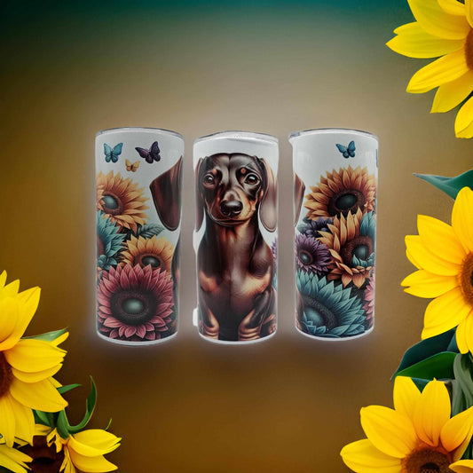 Dachshund and sunflowers