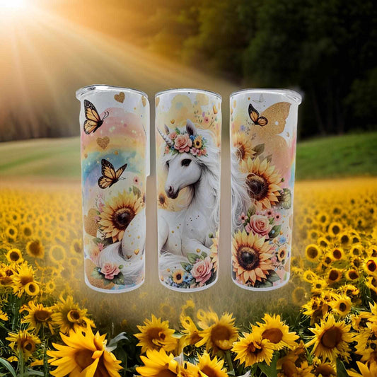 Gorgeous White Unicorn with Sunflowers and Butterflies