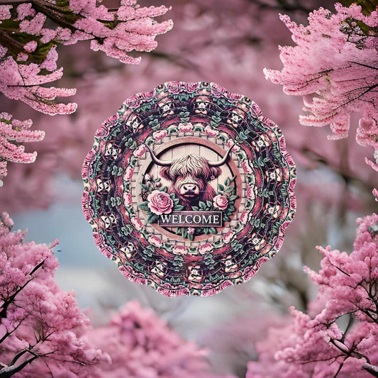 Pink floral highland cow- Welcome