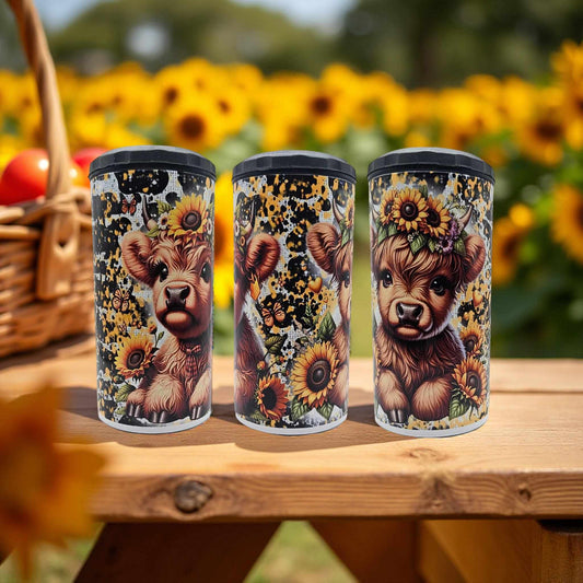 Cow print and highland cows with sunflowers