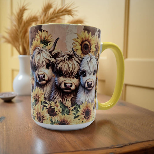 3 Gorgeous Baby Highland Cows with Sunflowers