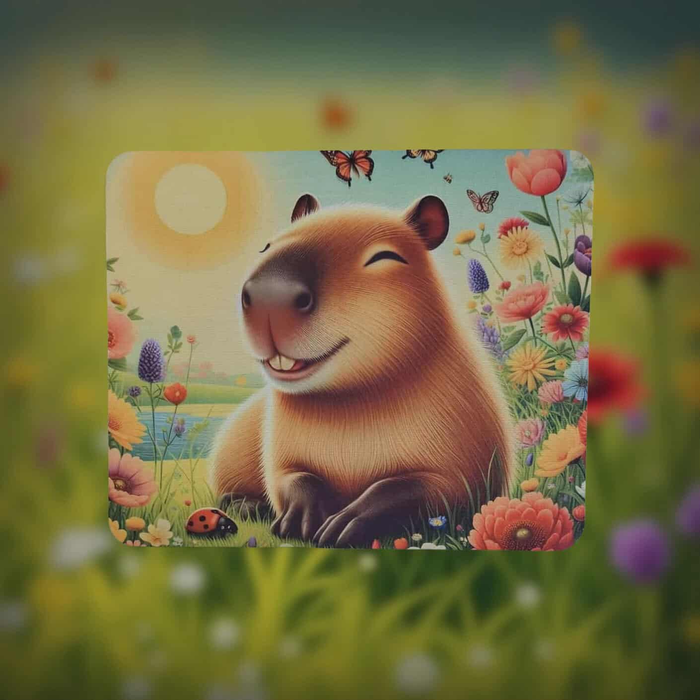 Capybara laying in the sun, in a flower field