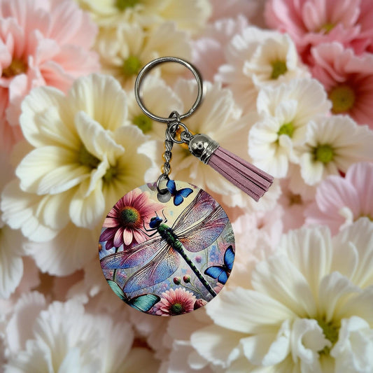 Dragonfly with blue butterflies and pink flowers