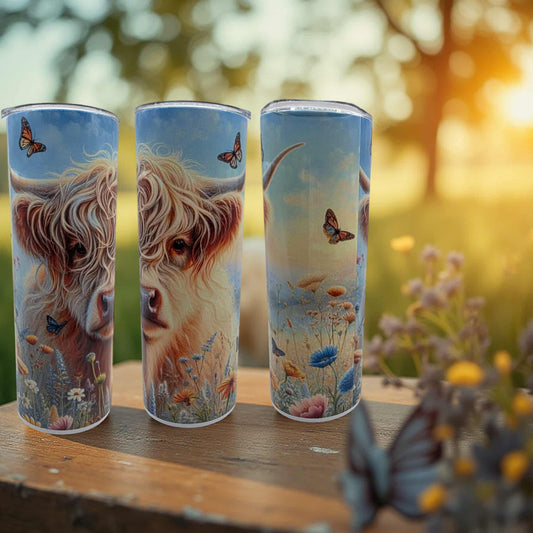 Highland cow in the beautiful spring time