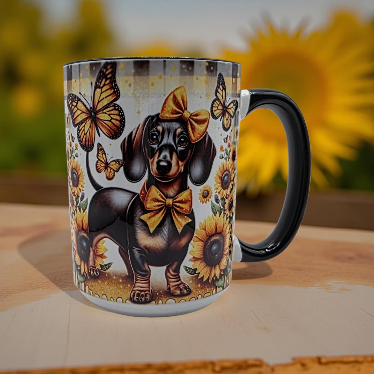 Cute Dachshund with yellow sunflowers and butterflies