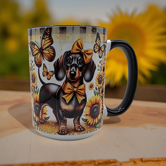Cute Dachshund with yellow sunflowers and butterflies