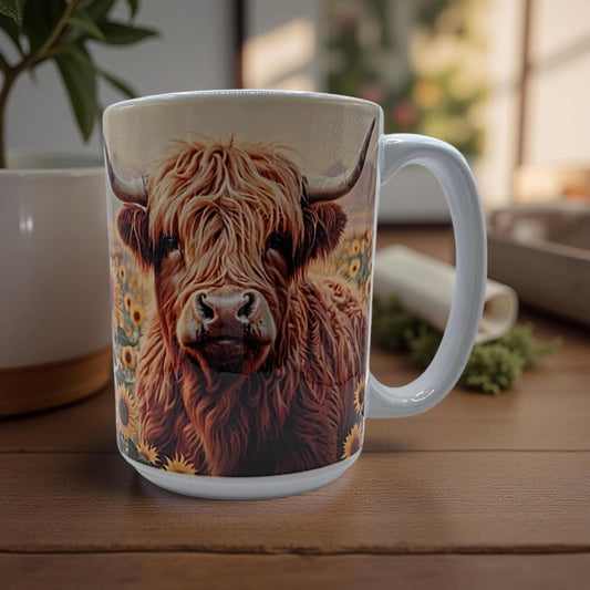 Highland cow and sunflowers