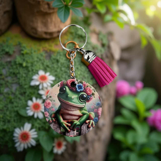 Cute frog with flowers sitting on a fence