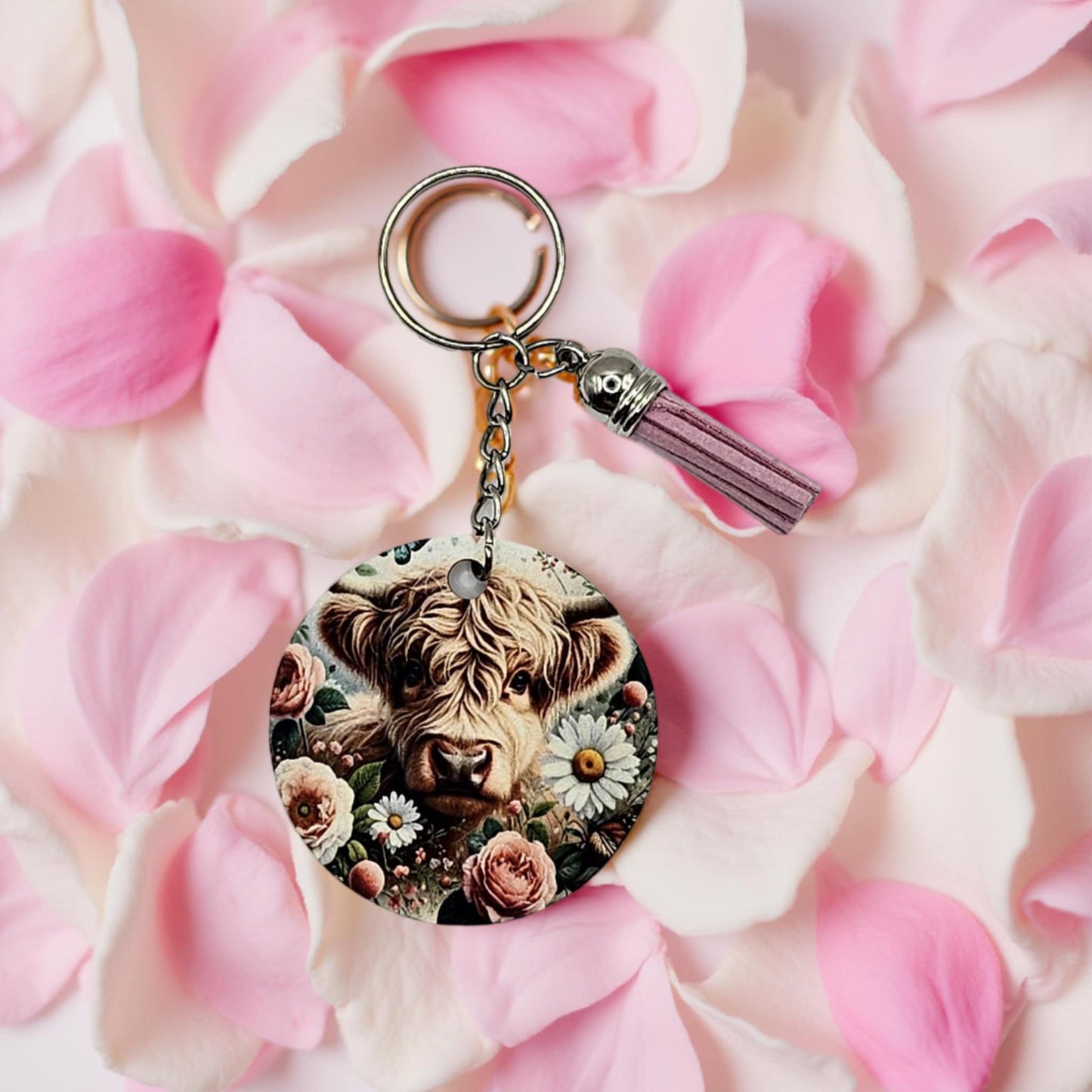 Highland Cow with Pink Roses
