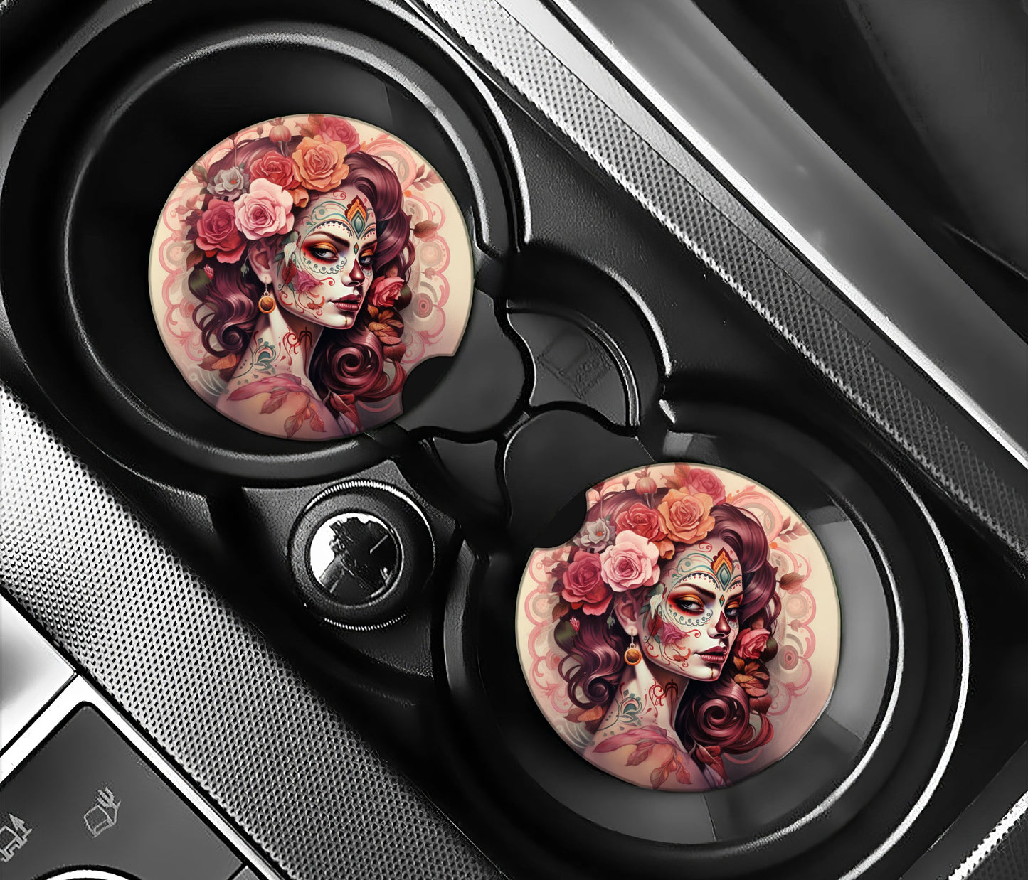 Sugar skull girl with red hair and floral