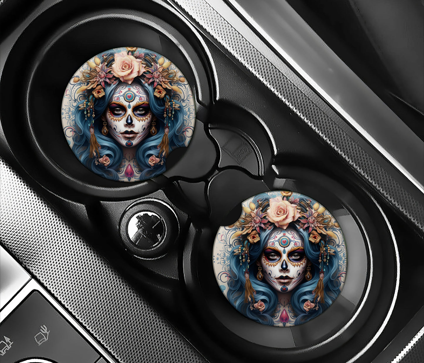 Pretty sugar skull girl with blue hair and flowers