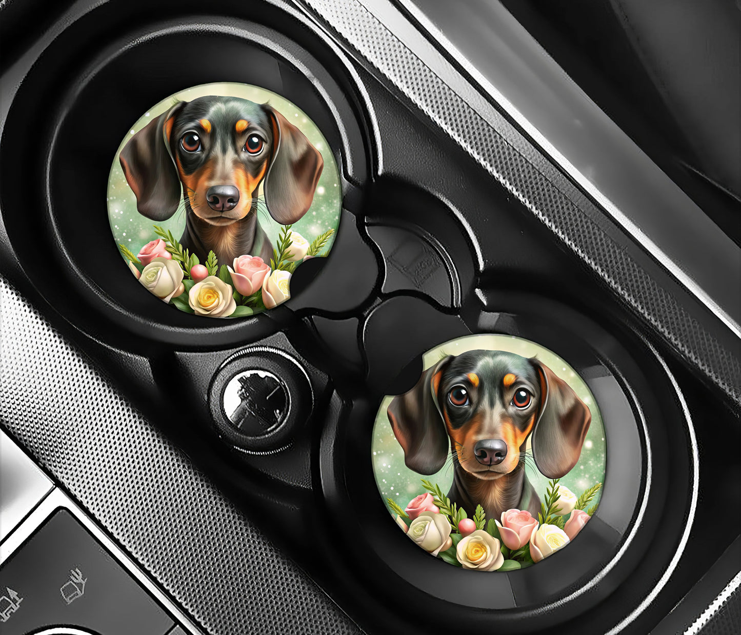 Cute Dachshund with pink and white roses