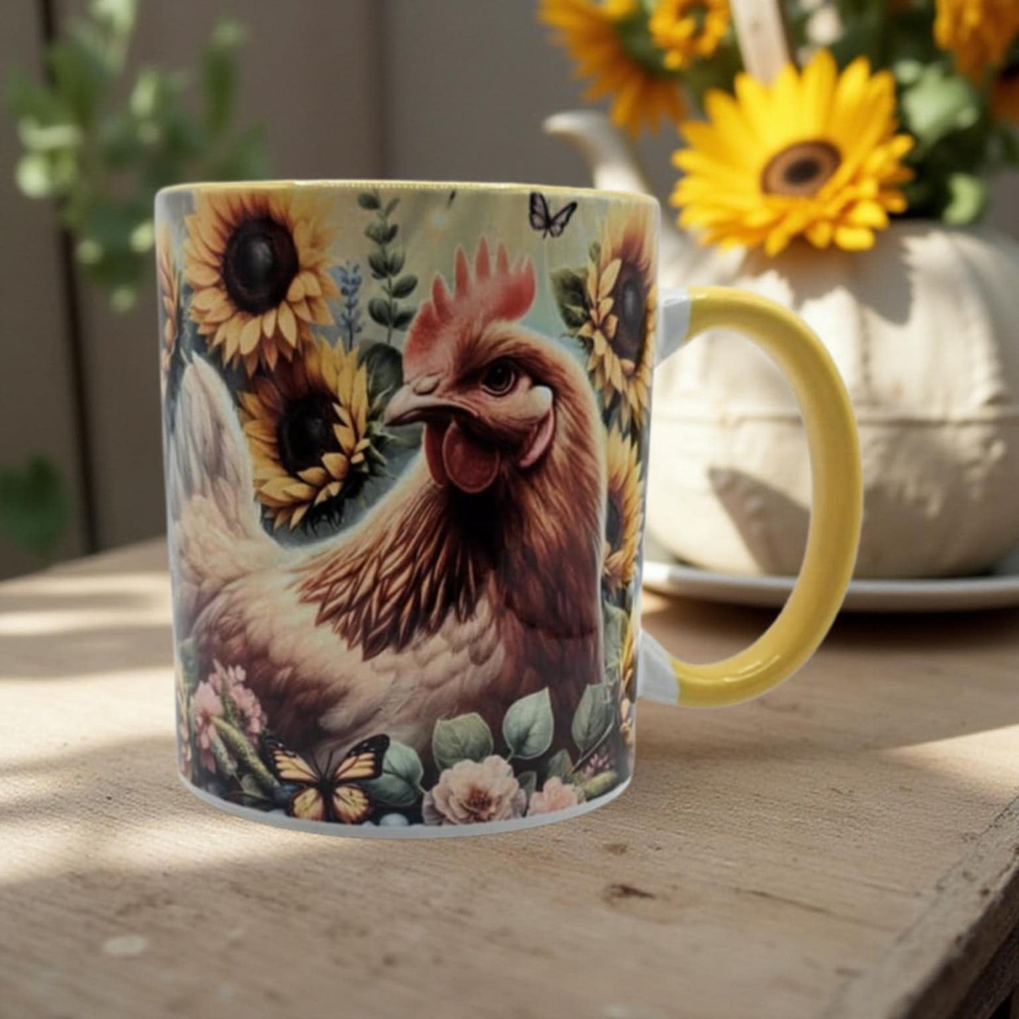 Chicken and sunflowers