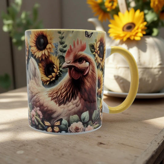 Chicken and sunflowers