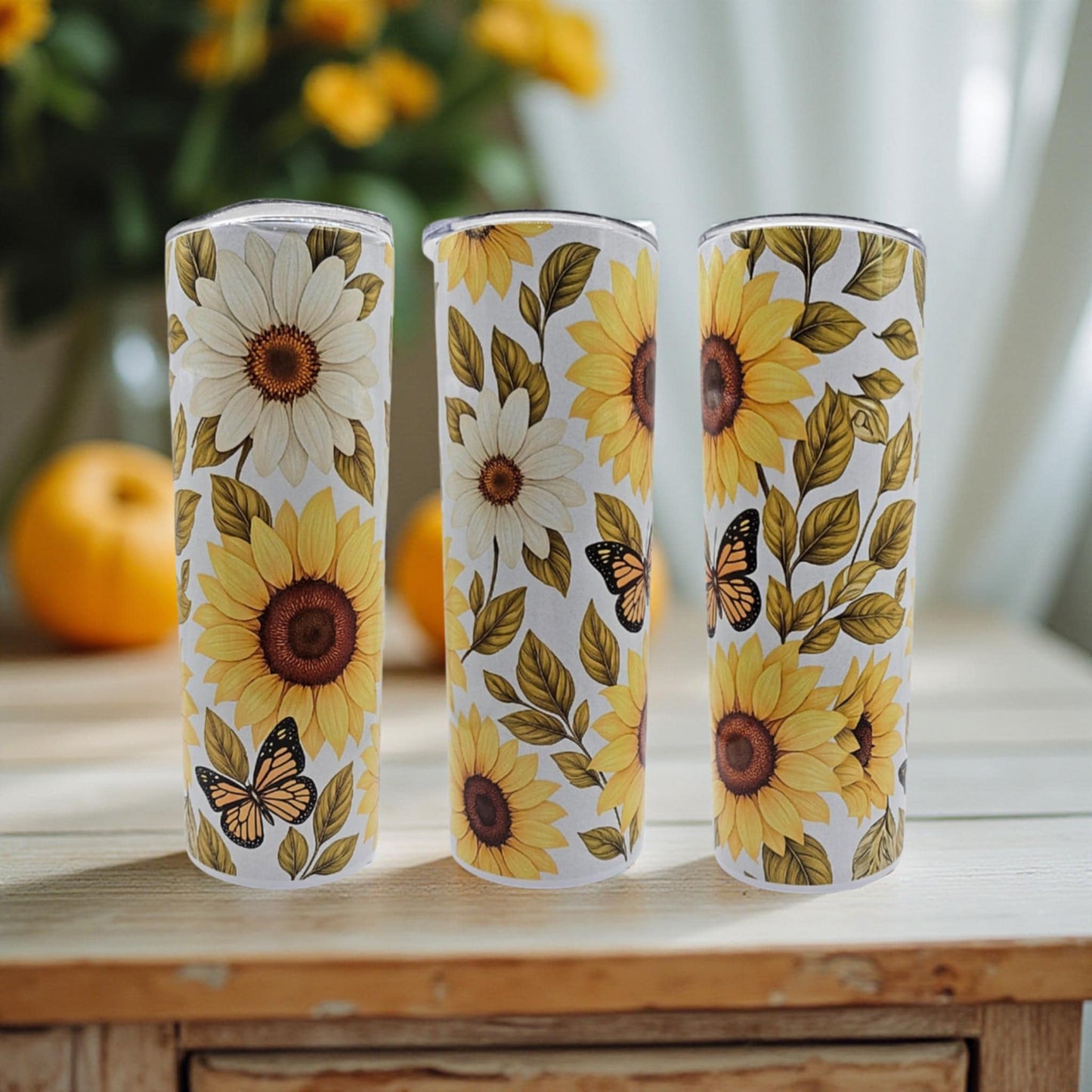 White and yellow sunflowers and butterflies