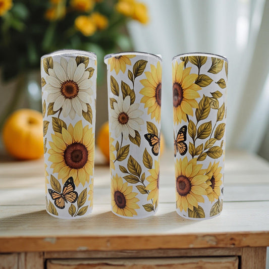 White and yellow sunflowers and butterflies