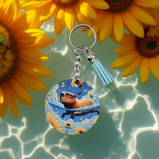 Capybara swimming with sunflowers