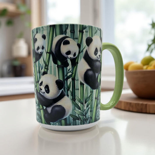 Cute pandas climbing bamboo trees