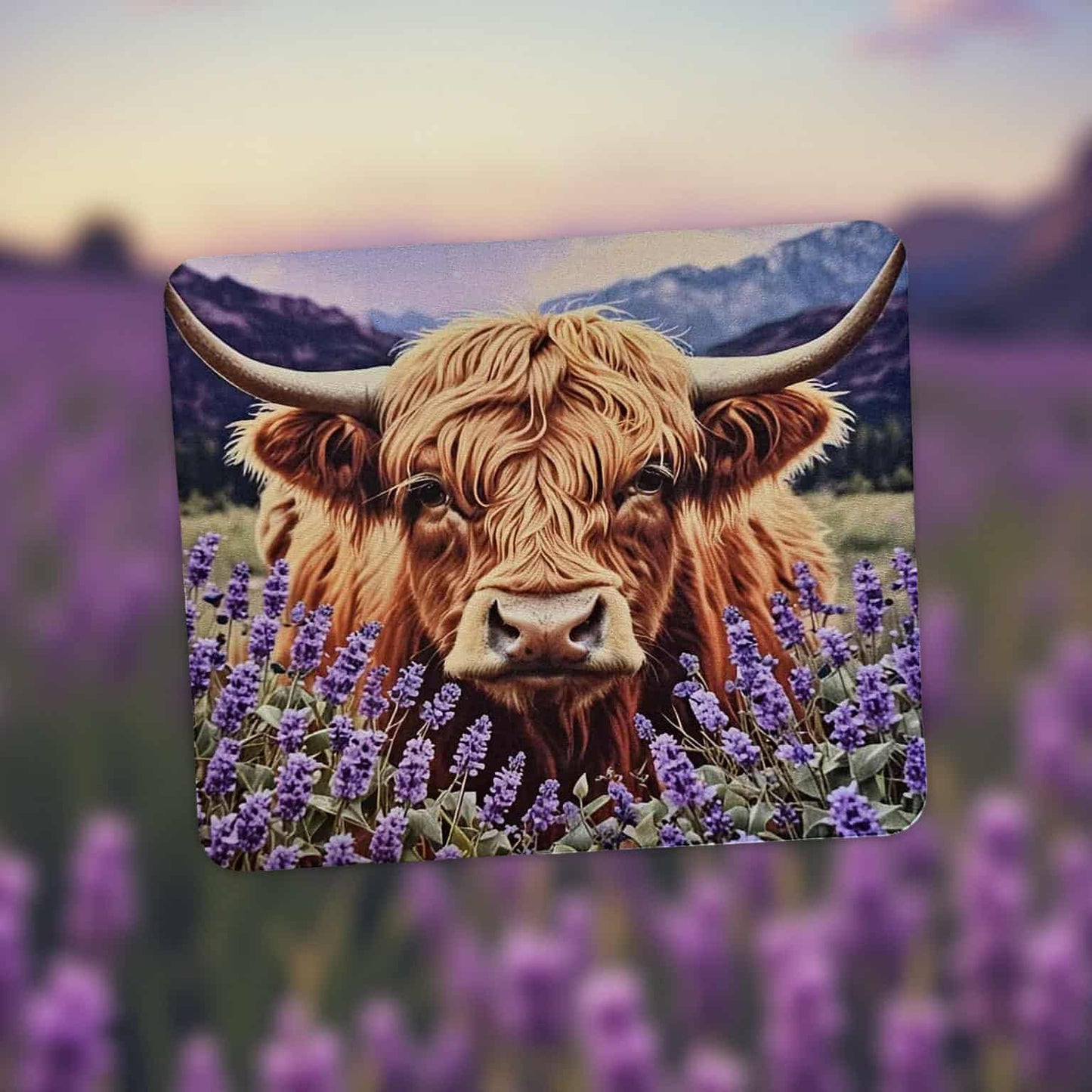 Highland cow with purple flowers