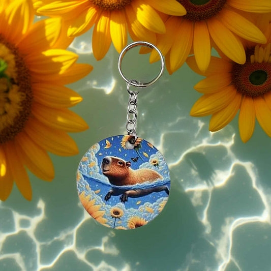 Capybara swimming with sunflowers