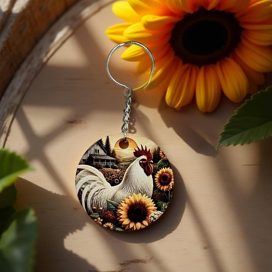 White chicken and sunflowers