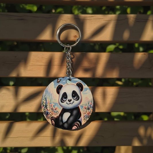 Baby panda in field of flowers