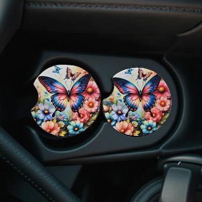Pretty pink and blue butterfly with flowers