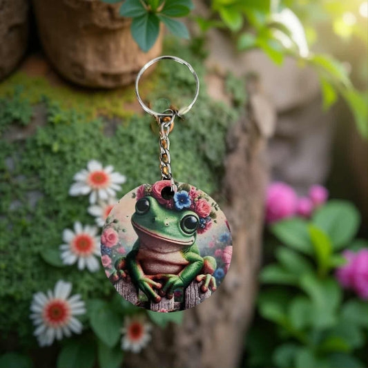 Cute frog with flowers sitting on a fence