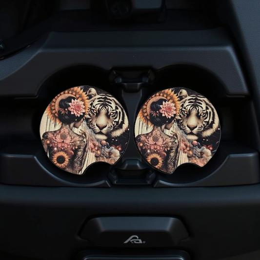 Snow tiger with beautiful tattooed boho girl